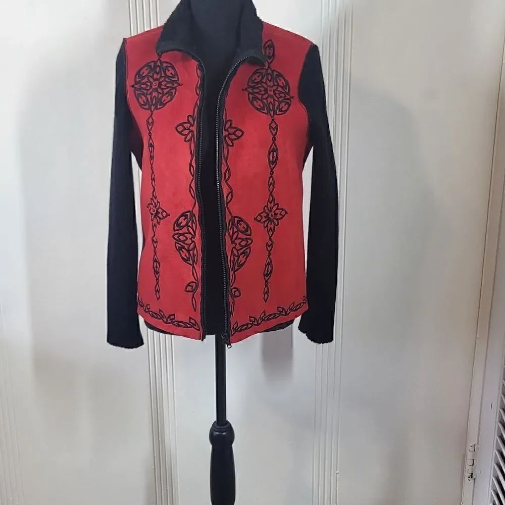 Coldwater Creek Red & Black Embroidered Sweater